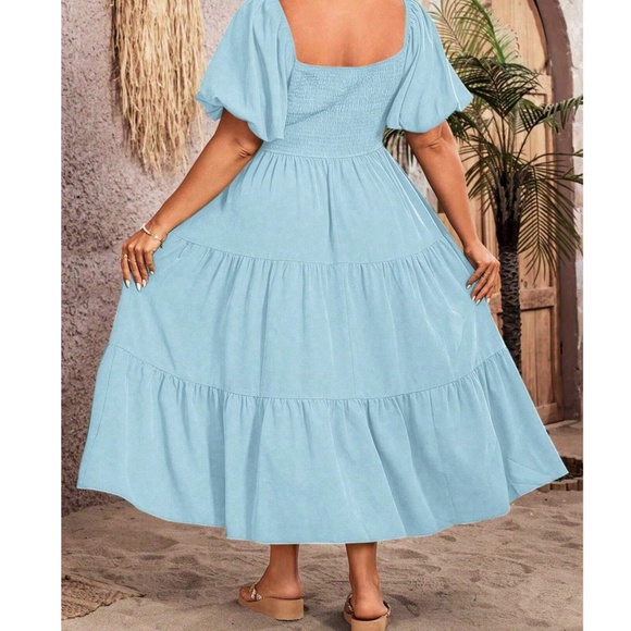 Solid Smocked Bodice Puff Sleeve Ruffle Hem Dress - Picture 2 of 7